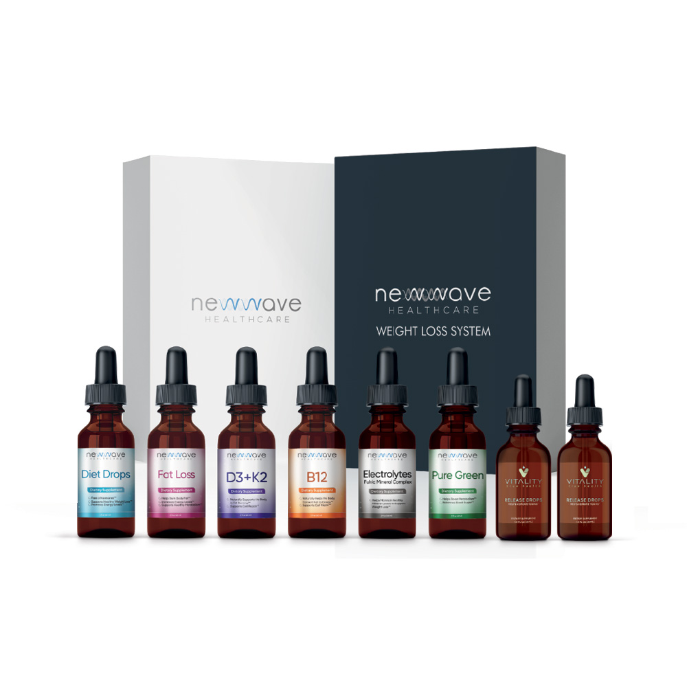 New Wave App System supplement kit — eight dropper bottles and two boxes